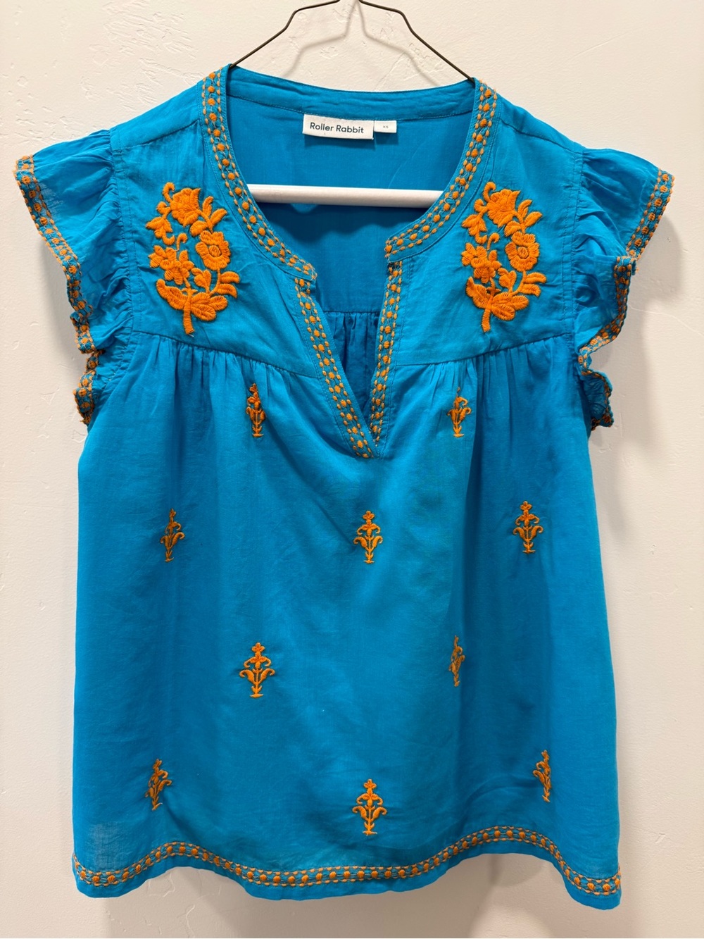 Roller Rabbit Turquoise Short-Sleeve Embroidered Tunic